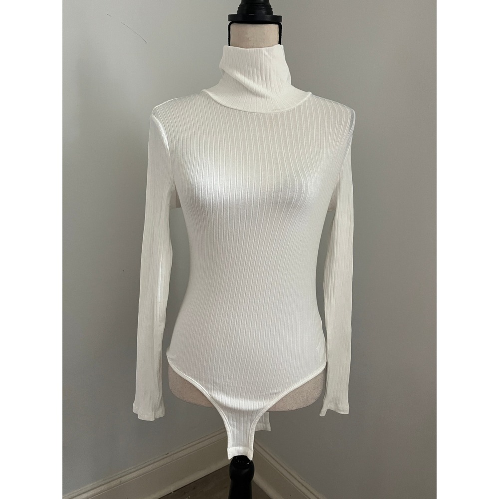White Ribbed Turtleneck Bodysuit Small Long Sleeve Minimalist Office Tucked In